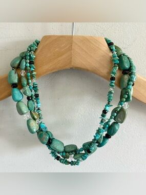 Real Turquoise and Sterling Silver 925 Chunky Beaded Multi-Strand Necklace
